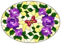 Stained glass illustration with  flowers and leaves and pink butterfly on a yellow background, oval image Royalty Free Stock Photo